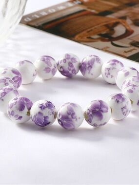 Porcelain Purple and White Floral Beaded Bracelet - Women's Jewelry